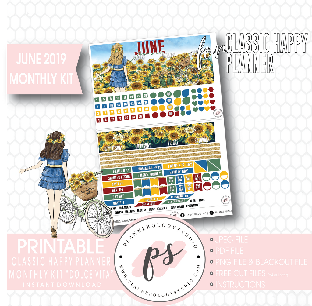 Dolce Vita June 2019 Monthly View Kit Digital Printable Planner Stickers (for use with Classic Happy Planner) - Plannerologystudio