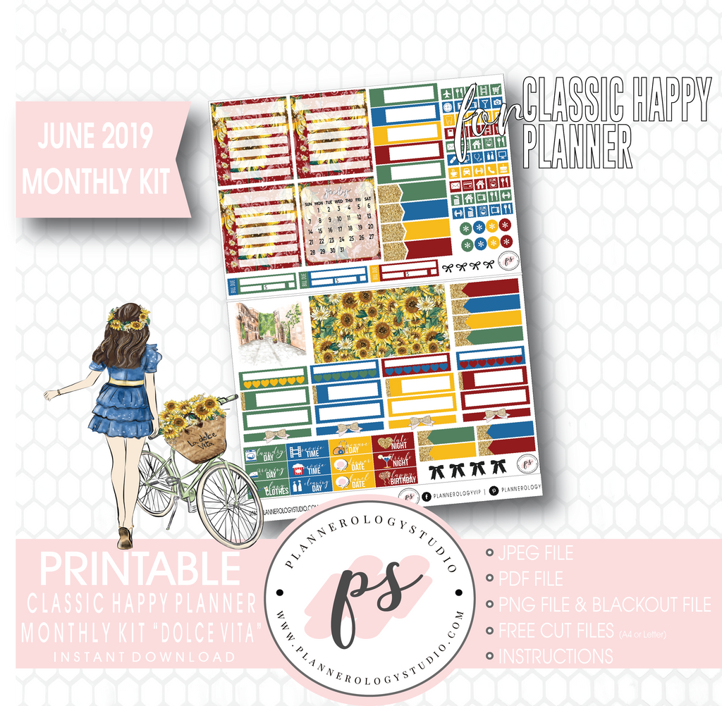 Dolce Vita June 2019 Monthly View Kit Digital Printable Planner Stickers (for use with Classic Happy Planner) - Plannerologystudio