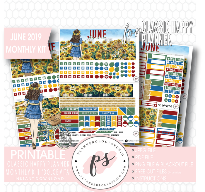 Dolce Vita June 2019 Monthly View Kit Digital Printable Planner Stickers (for use with Classic Happy Planner) - Plannerologystudio