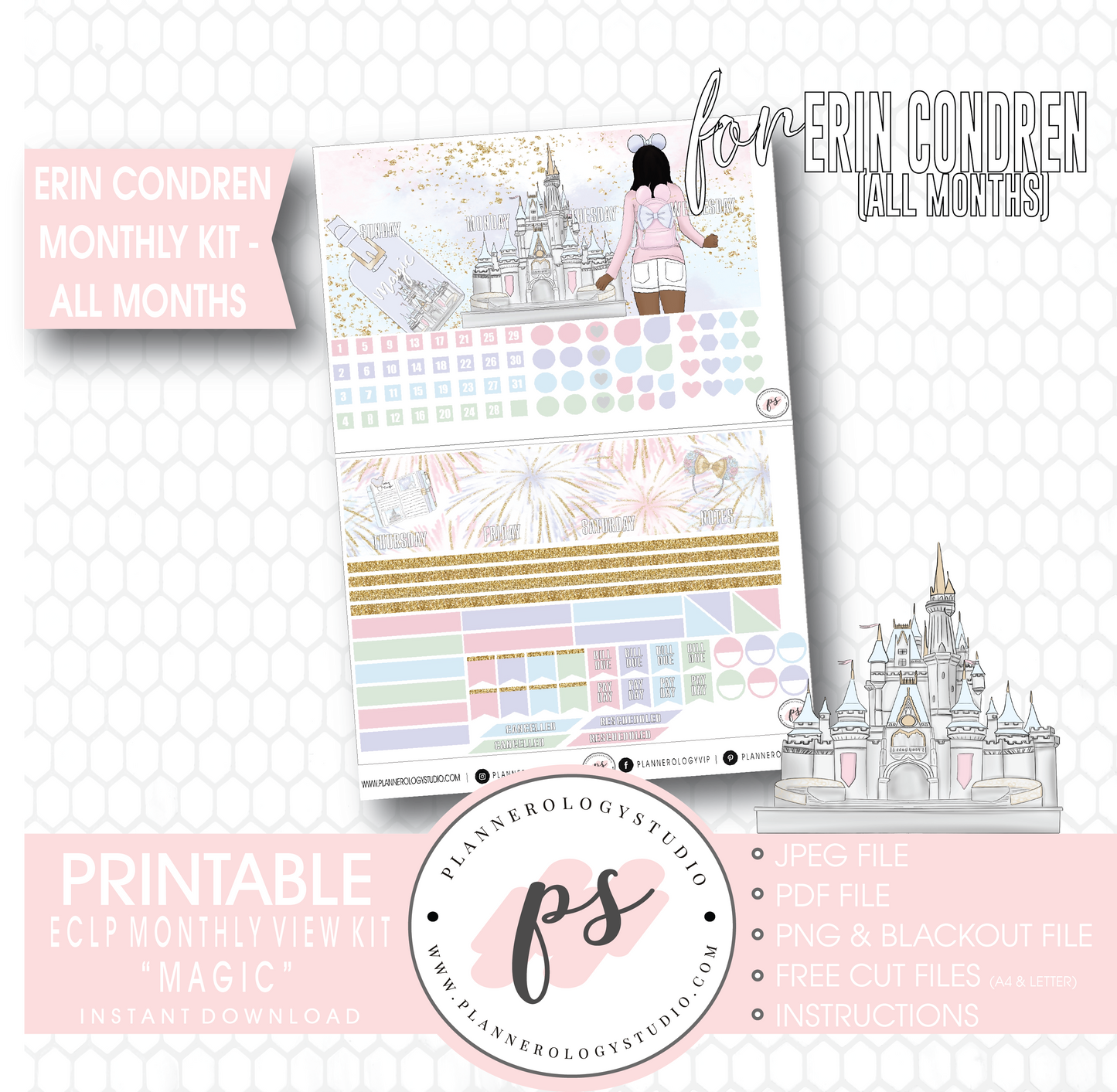 Magic (Disney Inspired) Undated Monthly View Kit (All Months) Digital Printable Planner Stickers (for use with Erin Condren) - Plannerologystudio