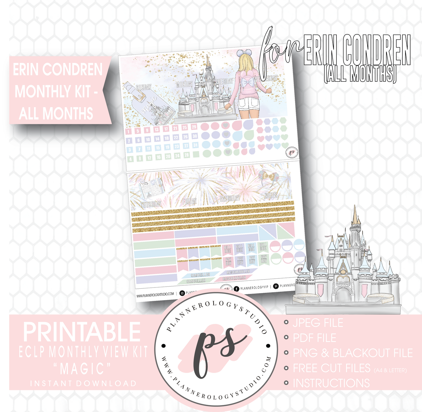 Magic (Disney Inspired) Undated Monthly View Kit (All Months) Digital Printable Planner Stickers (for use with Erin Condren) - Plannerologystudio