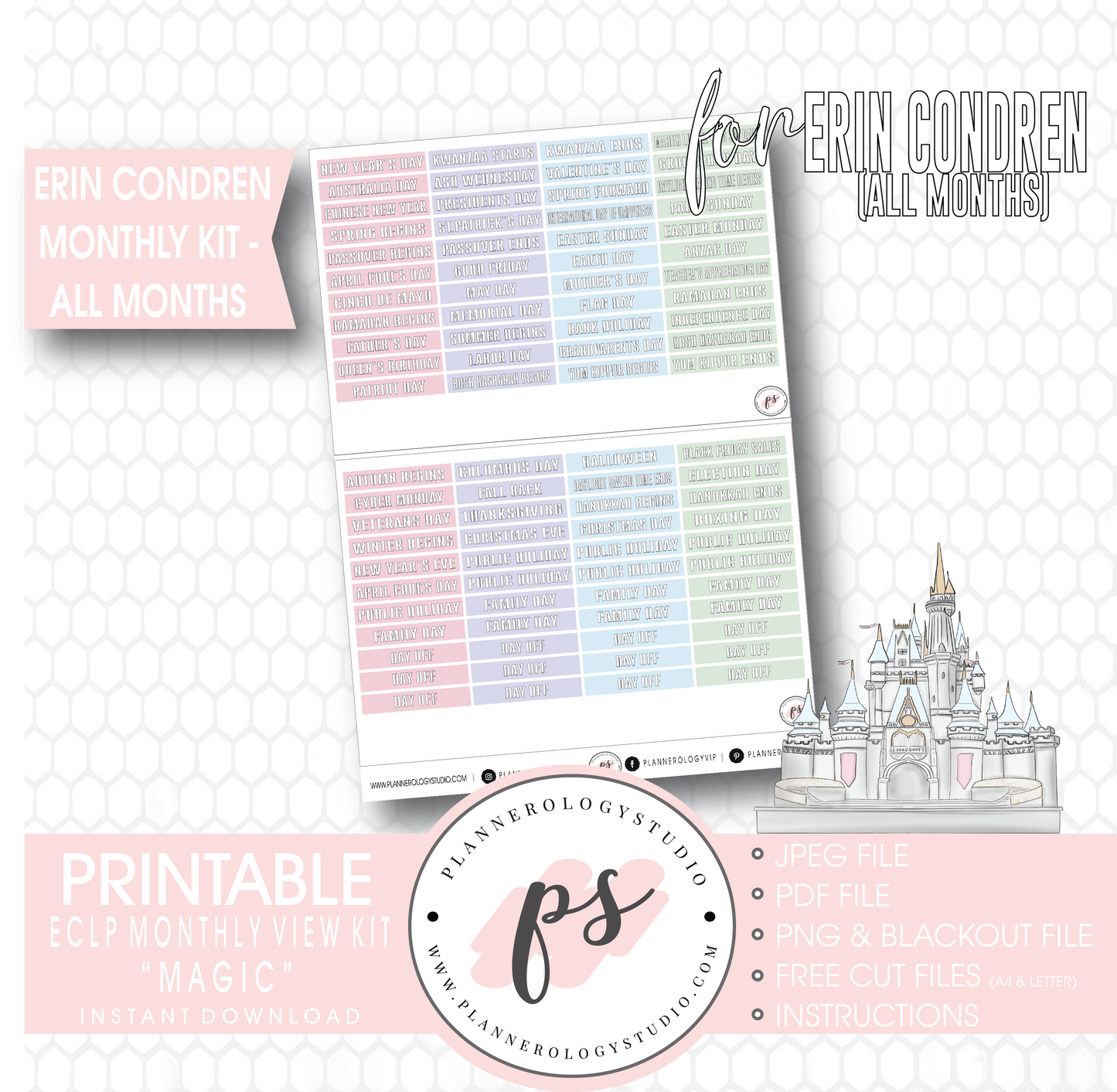 Magic (Disney Inspired) Undated Monthly View Kit (All Months) Digital Printable Planner Stickers (for use with Erin Condren) - Plannerologystudio