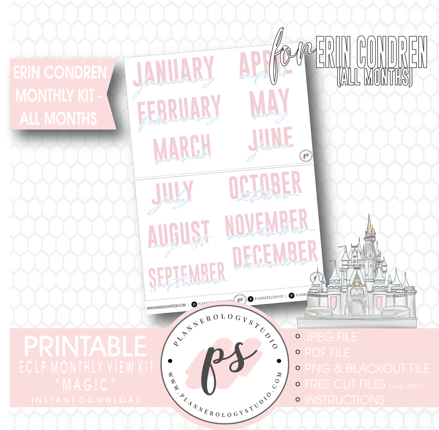 Magic (Disney Inspired) Undated Monthly View Kit (All Months) Digital Printable Planner Stickers (for use with Erin Condren) - Plannerologystudio