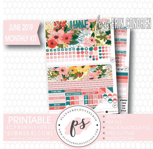 Summer Blooms June 2019 Monthly View Kit Digital Printable Planner Stickers (for use with Erin Condren) - Plannerologystudio