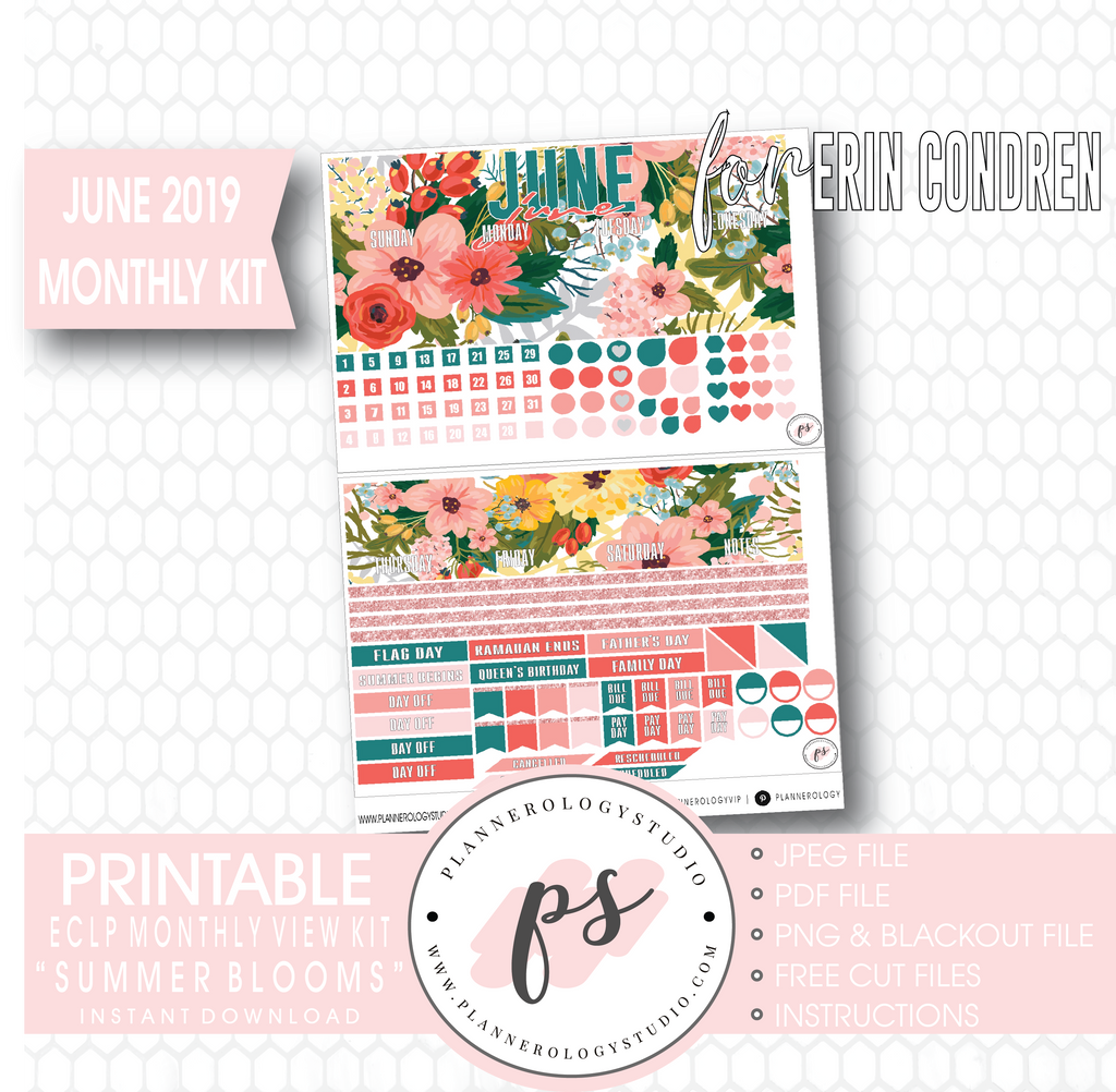Summer Blooms June 2019 Monthly View Kit Digital Printable Planner Stickers (for use with Erin Condren) - Plannerologystudio