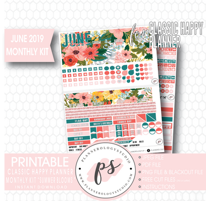 Summer Blooms June 2019 Monthly View Kit Digital Printable Planner Stickers (for use with Classic Happy Planner) - Plannerologystudio