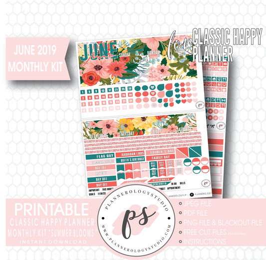 Summer Blooms June 2019 Monthly View Kit Digital Printable Planner Stickers (for use with Classic Happy Planner) - Plannerologystudio