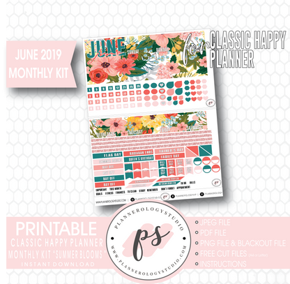 Summer Blooms June 2019 Monthly View Kit Digital Printable Planner Stickers (for use with Classic Happy Planner) - Plannerologystudio