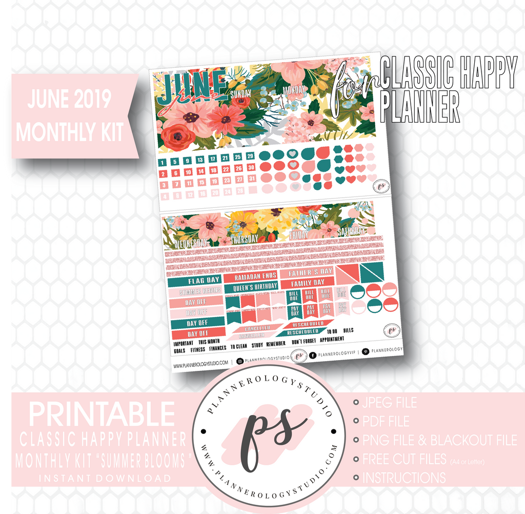 Summer Blooms June 2019 Monthly View Kit Digital Printable Planner Stickers (for use with Classic Happy Planner) - Plannerologystudio