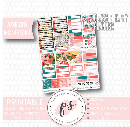 Summer Blooms June 2019 Monthly View Kit Digital Printable Planner Stickers (for use with Classic Happy Planner) - Plannerologystudio