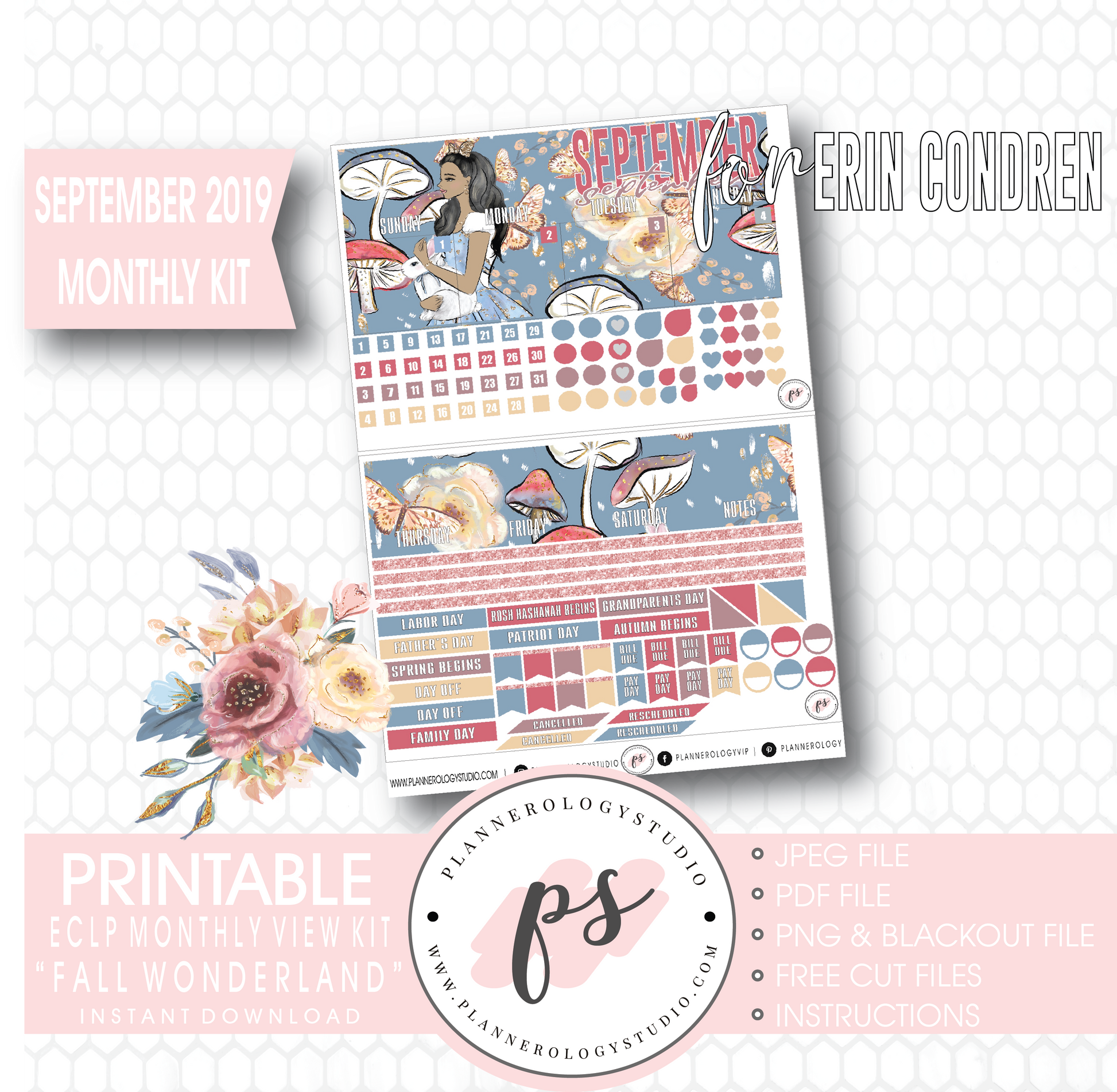 Fall Wonderland September 2019 Monthly View Kit Digital Printable Planner Stickers (for use with Erin Condren) - Plannerologystudio