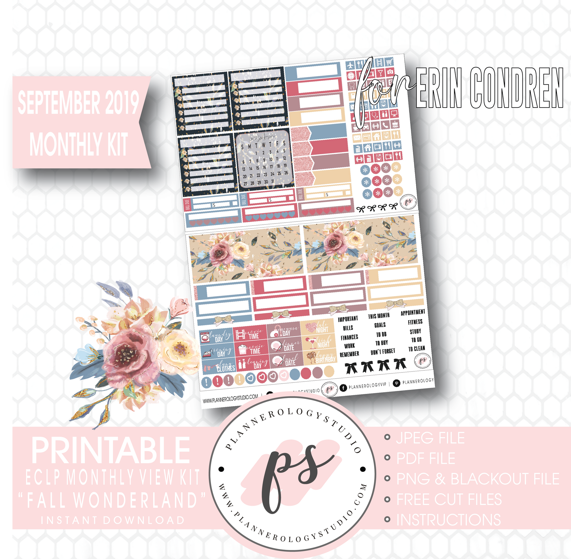 Fall Wonderland September 2019 Monthly View Kit Digital Printable Planner Stickers (for use with Erin Condren) - Plannerologystudio