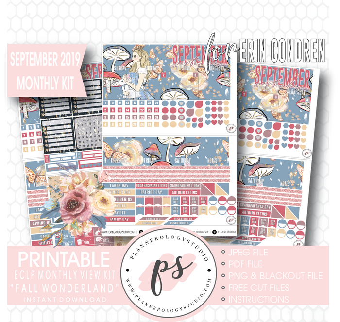 Fall Wonderland September 2019 Monthly View Kit Digital Printable Planner Stickers (for use with Erin Condren) - Plannerologystudio