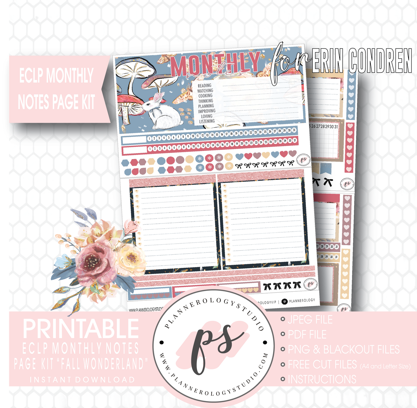 Fall Wonderland Monthly Notes Page Kit Digital Printable Planner Stickers (for use with Erin Condren) - Plannerologystudio