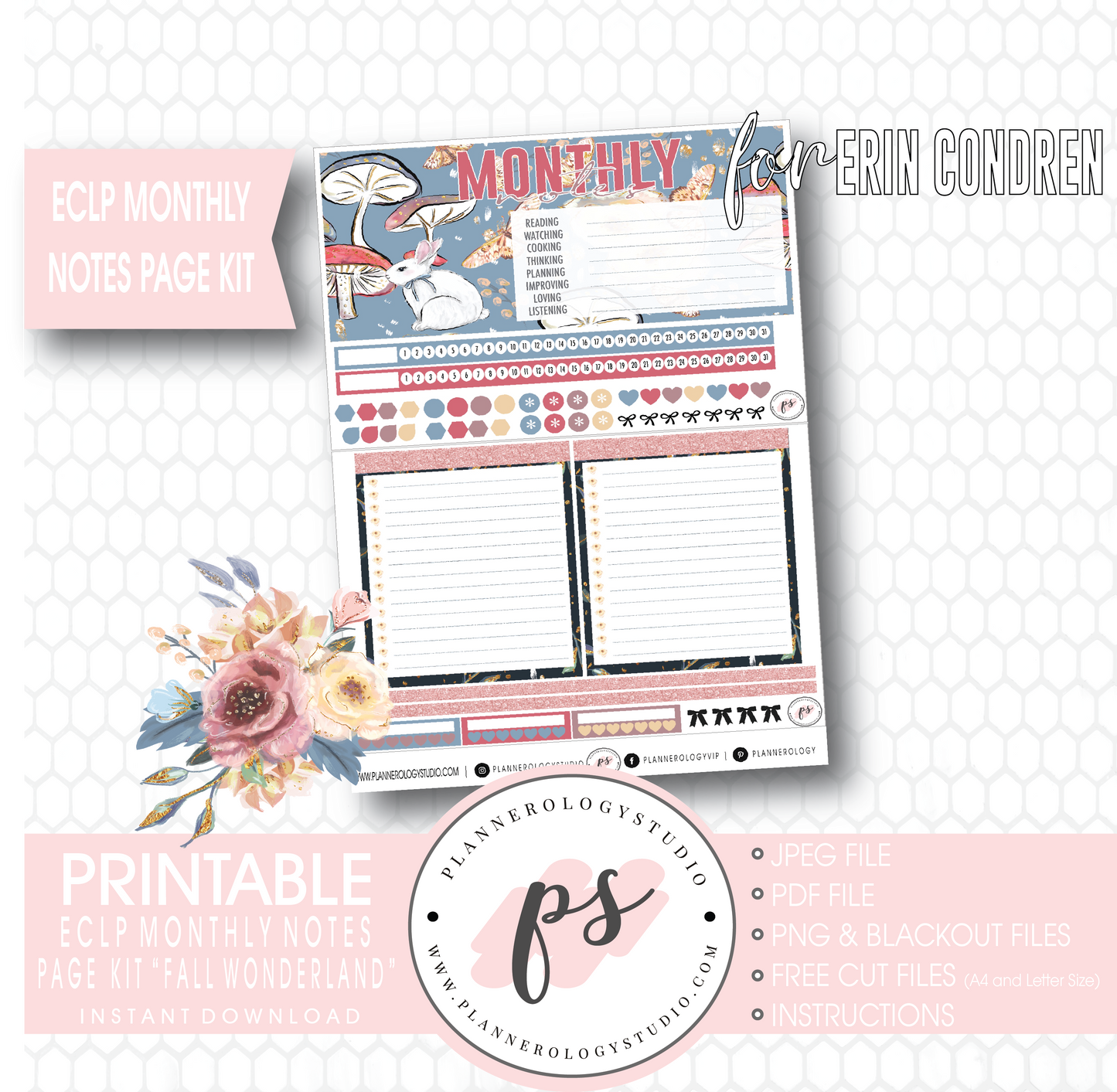 Fall Wonderland Monthly Notes Page Kit Digital Printable Planner Stickers (for use with Erin Condren) - Plannerologystudio