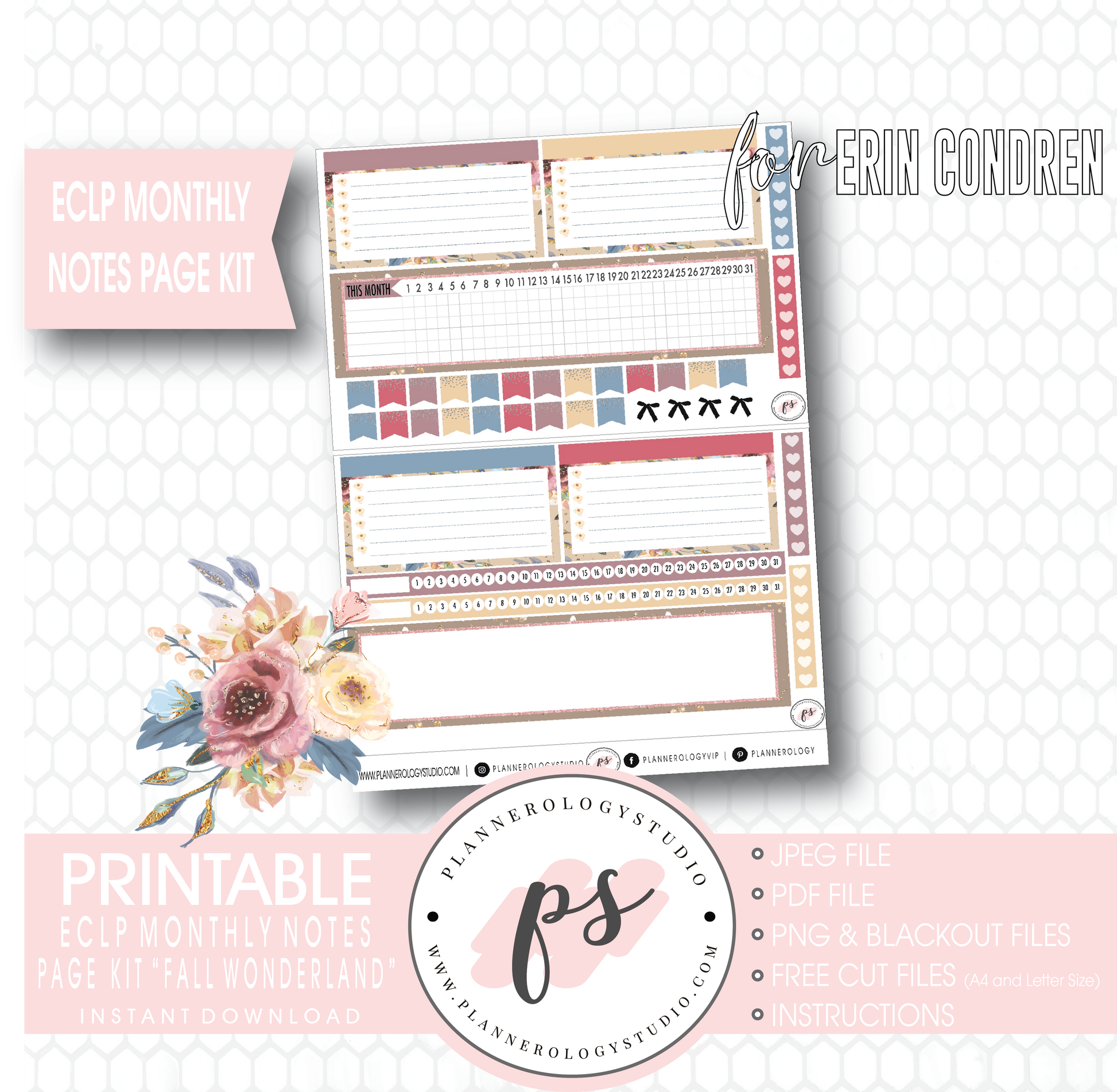 Fall Wonderland Monthly Notes Page Kit Digital Printable Planner Stickers (for use with Erin Condren) - Plannerologystudio