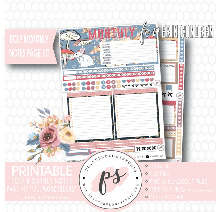 Fall Wonderland Monthly Notes Page Kit Digital Printable Planner Stickers (for use with Erin Condren) - Plannerologystudio
