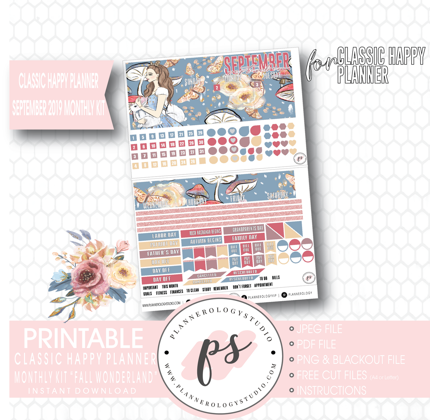 Fall Wonderland September 2019 Monthly View Kit Digital Printable Planner Stickers (for use with Classic Happy Planner) - Plannerologystudio