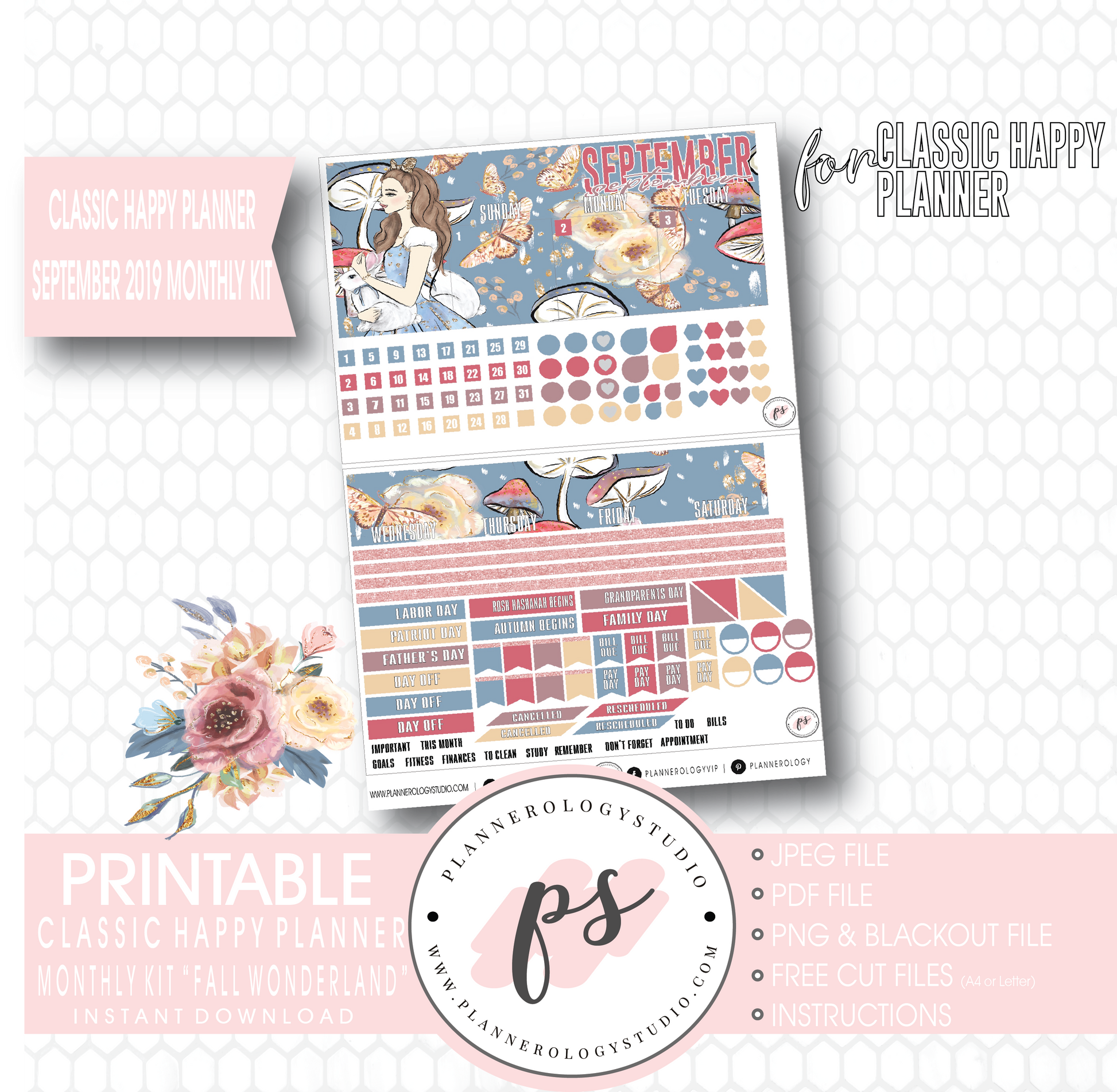 Fall Wonderland September 2019 Monthly View Kit Digital Printable Planner Stickers (for use with Classic Happy Planner) - Plannerologystudio