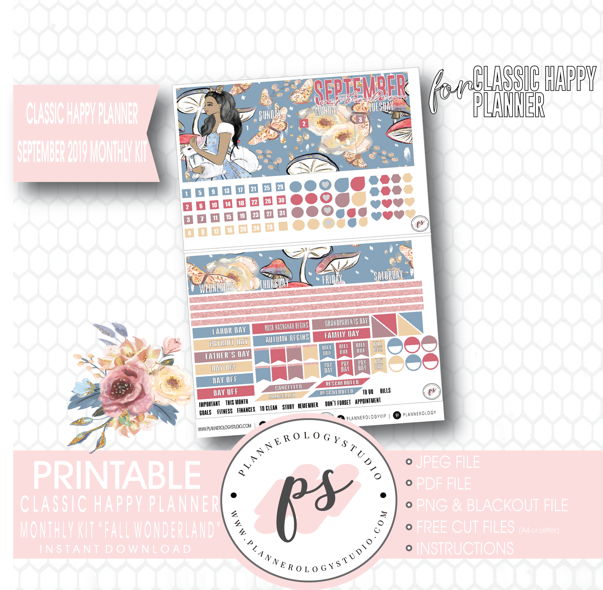 Fall Wonderland September 2019 Monthly View Kit Digital Printable Planner Stickers (for use with Classic Happy Planner) - Plannerologystudio