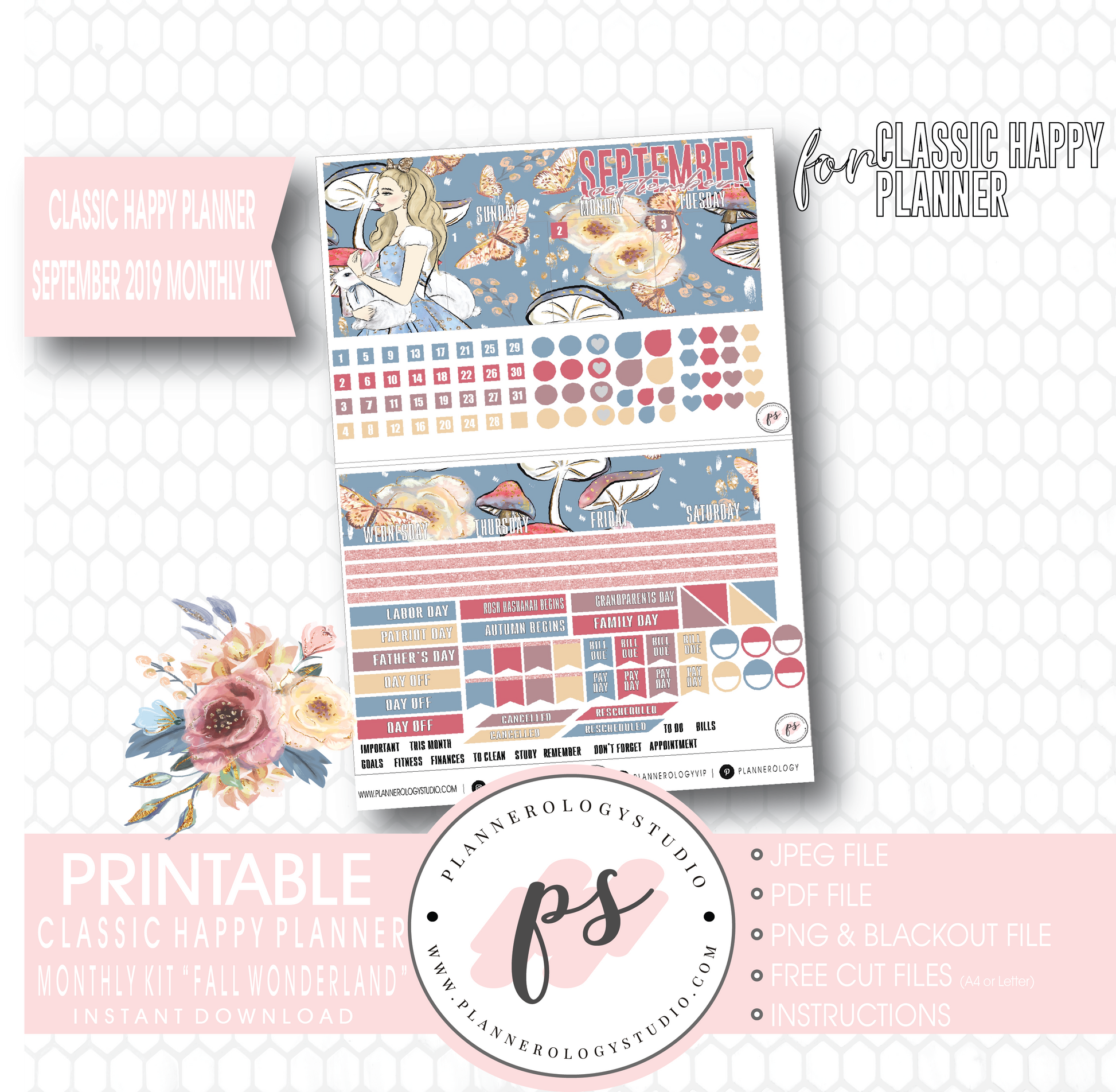 Fall Wonderland September 2019 Monthly View Kit Digital Printable Planner Stickers (for use with Classic Happy Planner) - Plannerologystudio