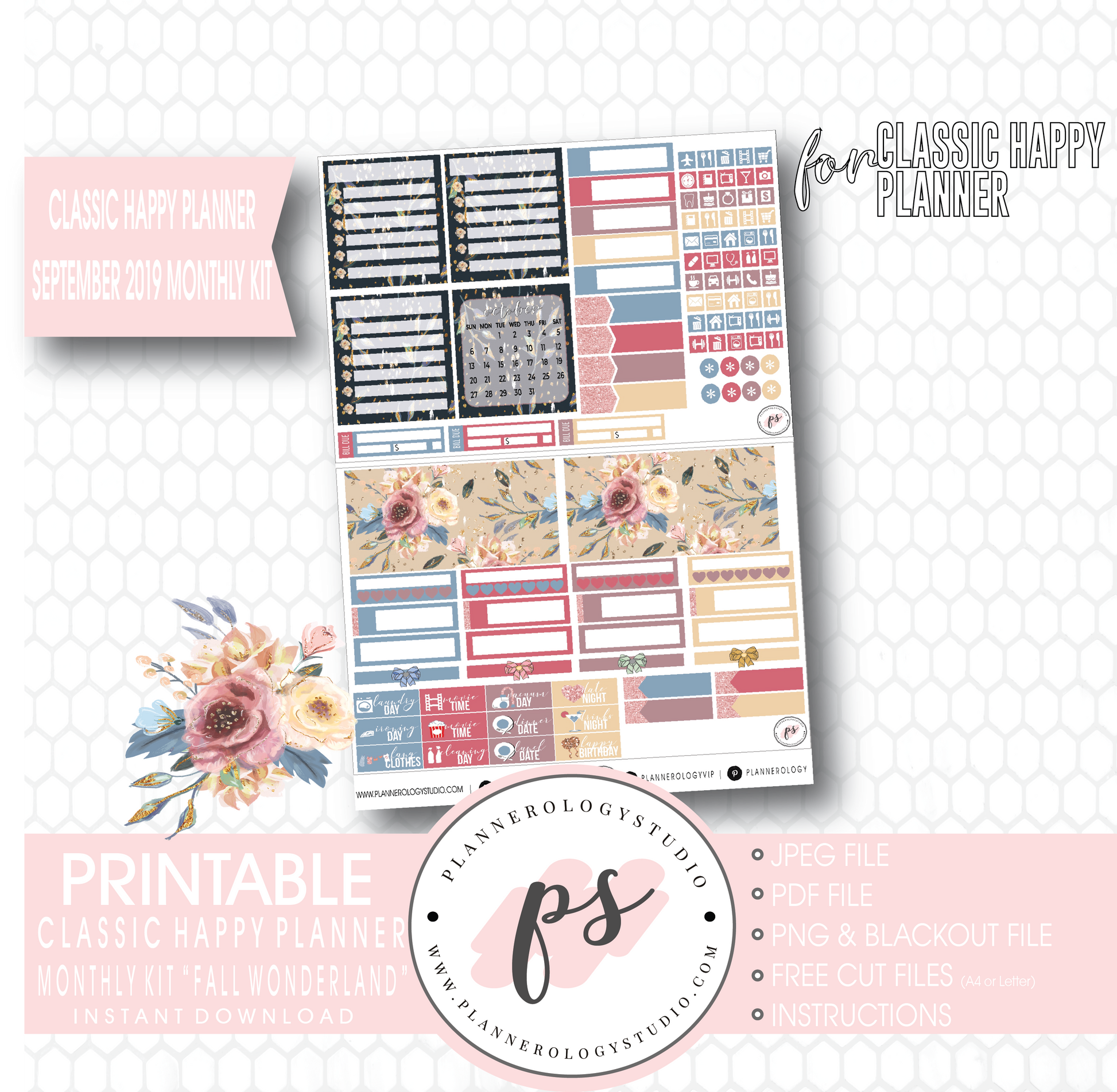 Fall Wonderland September 2019 Monthly View Kit Digital Printable Planner Stickers (for use with Classic Happy Planner) - Plannerologystudio
