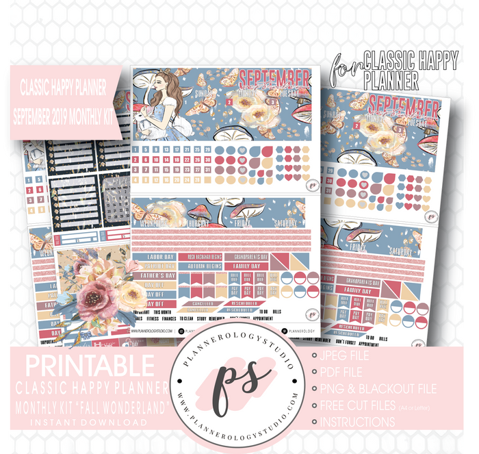 Fall Wonderland September 2019 Monthly View Kit Digital Printable Planner Stickers (for use with Classic Happy Planner) - Plannerologystudio