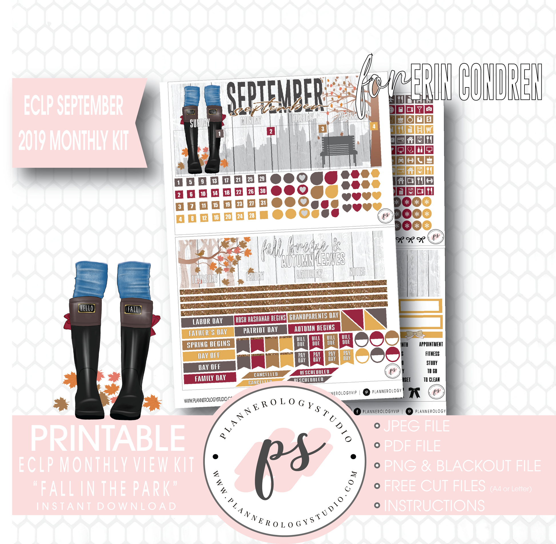 Fall in the Park September 2019 Monthly View Kit Digital Printable Planner Stickers (for use with Erin Condren) - Plannerologystudio