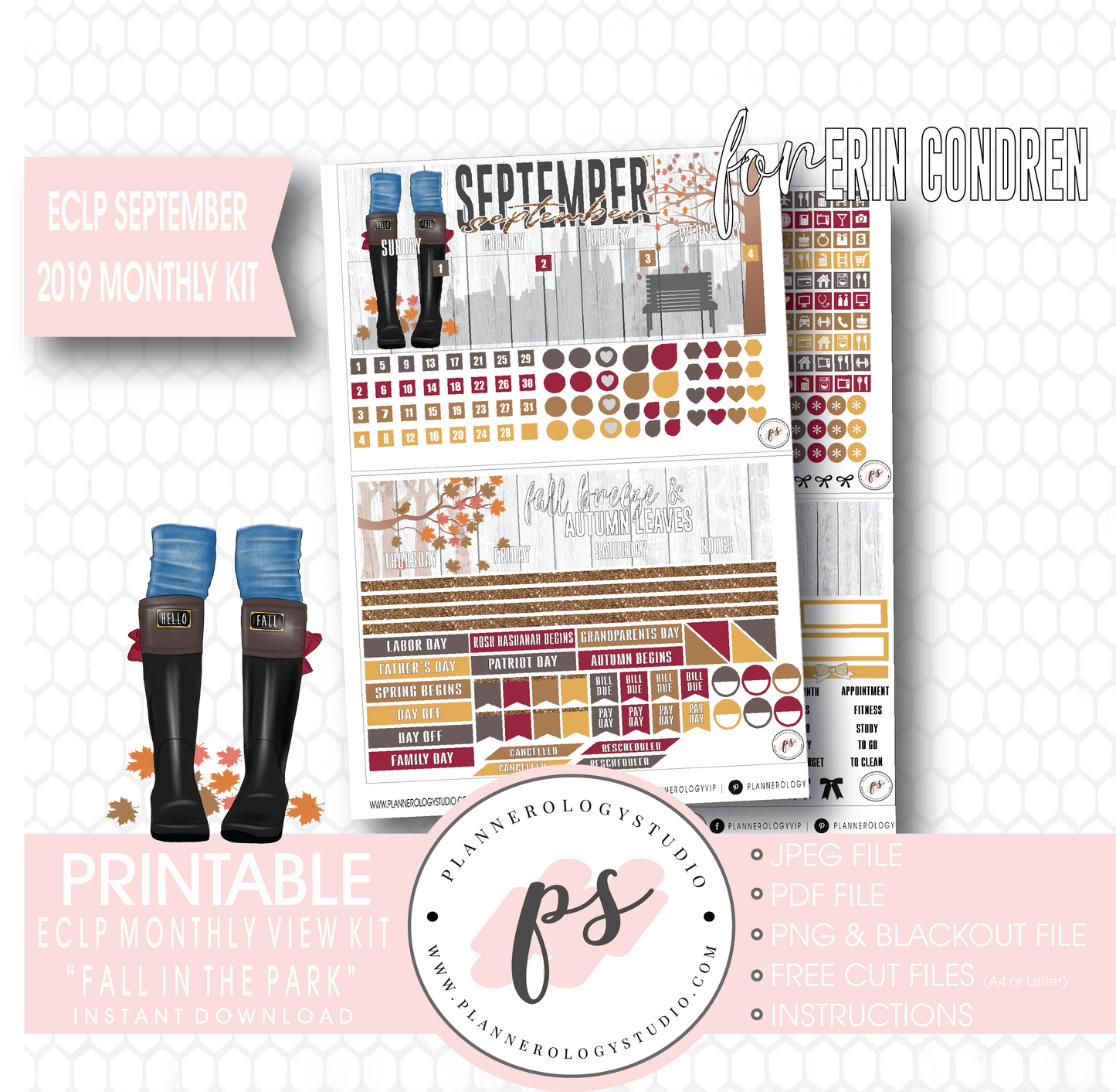 Fall in the Park September 2019 Monthly View Kit Digital Printable Planner Stickers (for use with Erin Condren) - Plannerologystudio