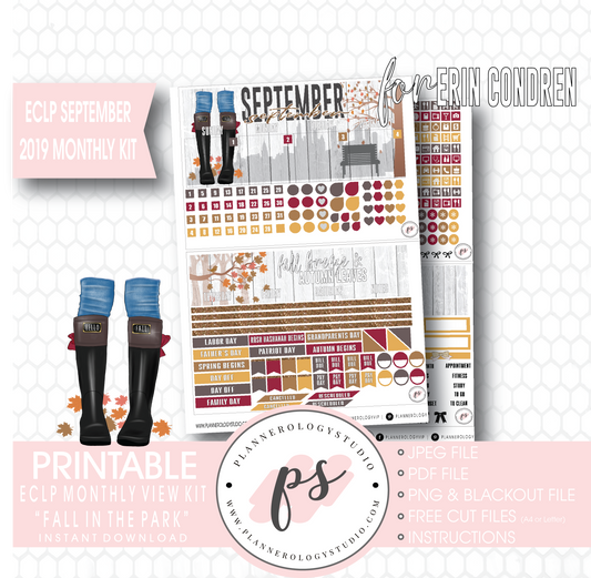Fall in the Park September 2019 Monthly View Kit Digital Printable Planner Stickers (for use with Erin Condren) - Plannerologystudio