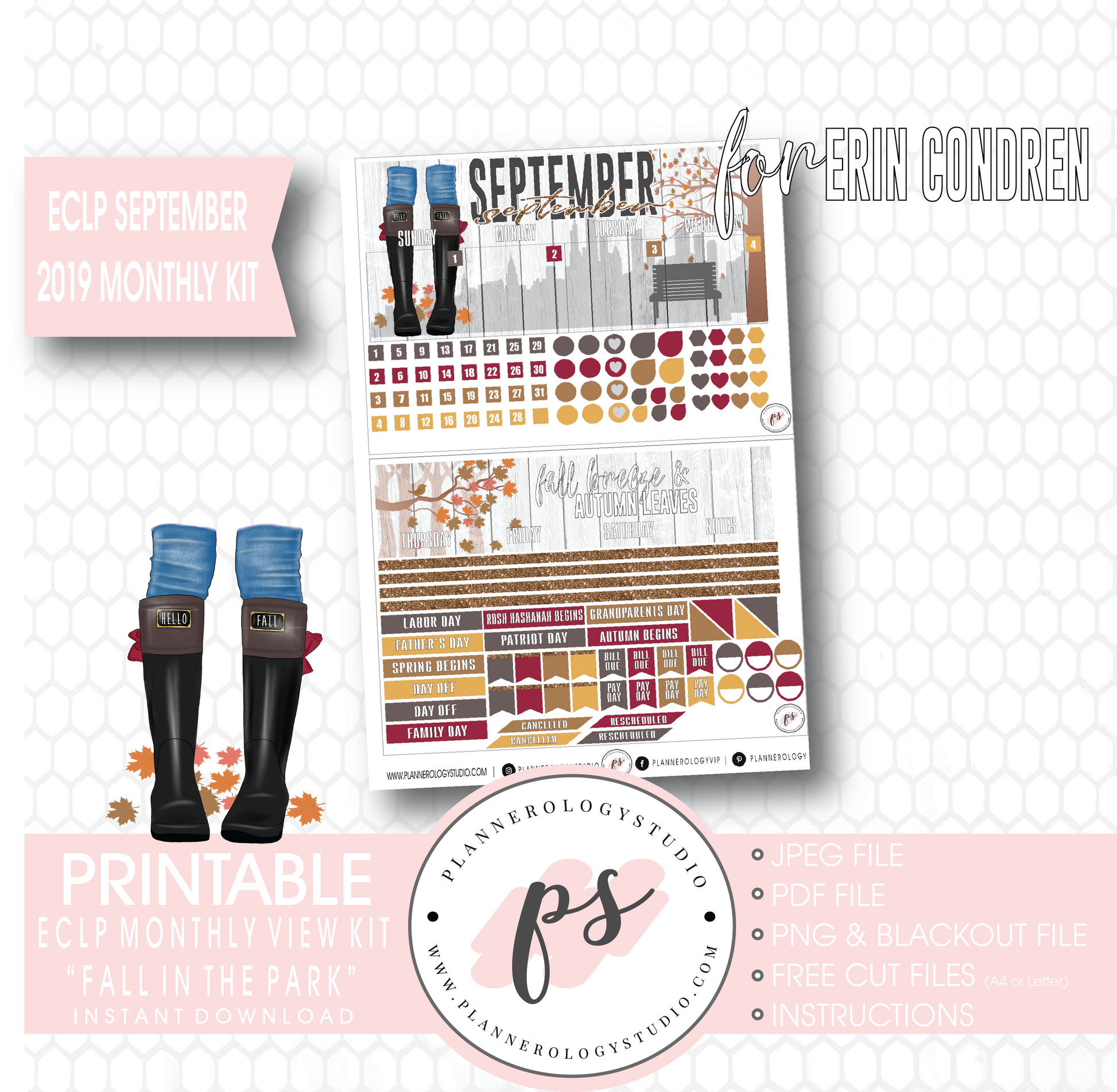 Fall in the Park September 2019 Monthly View Kit Digital Printable Planner Stickers (for use with Erin Condren) - Plannerologystudio