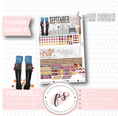 Fall in the Park September 2019 Monthly View Kit Digital Printable Planner Stickers (for use with Erin Condren) - Plannerologystudio