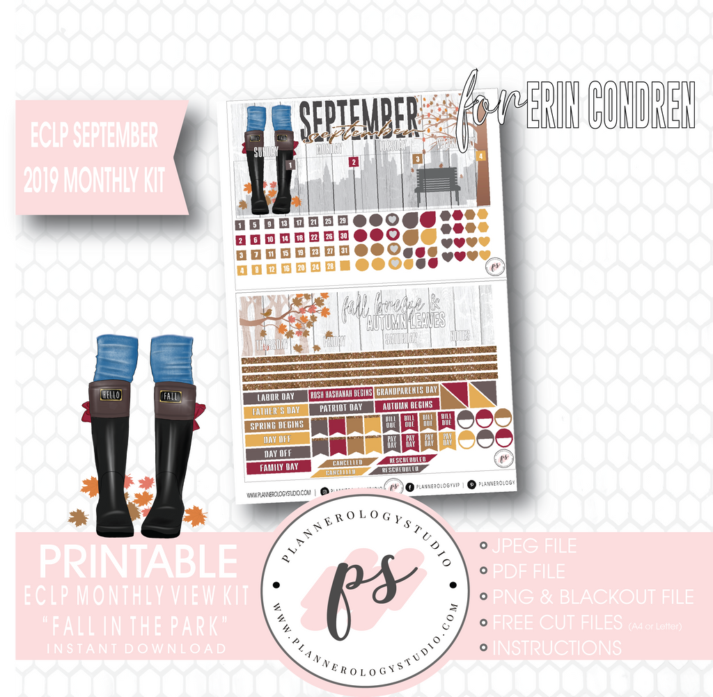 Fall in the Park September 2019 Monthly View Kit Digital Printable Planner Stickers (for use with Erin Condren) - Plannerologystudio