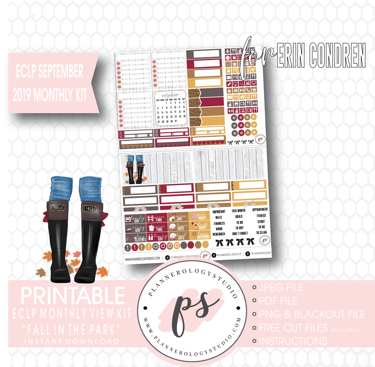 Fall in the Park September 2019 Monthly View Kit Digital Printable Planner Stickers (for use with Erin Condren) - Plannerologystudio