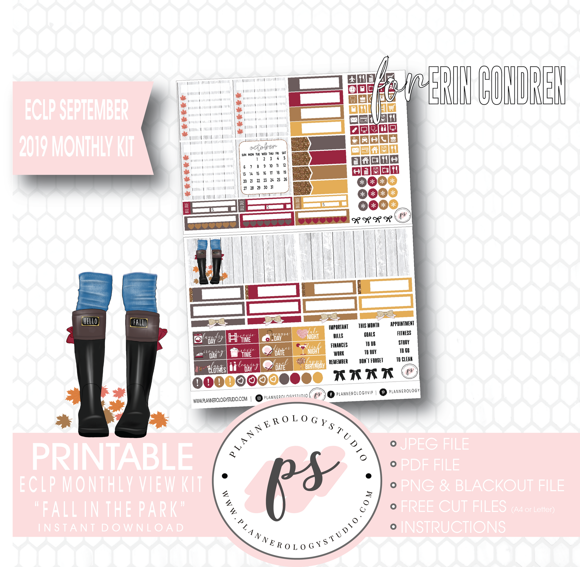 Fall in the Park September 2019 Monthly View Kit Digital Printable Planner Stickers (for use with Erin Condren) - Plannerologystudio