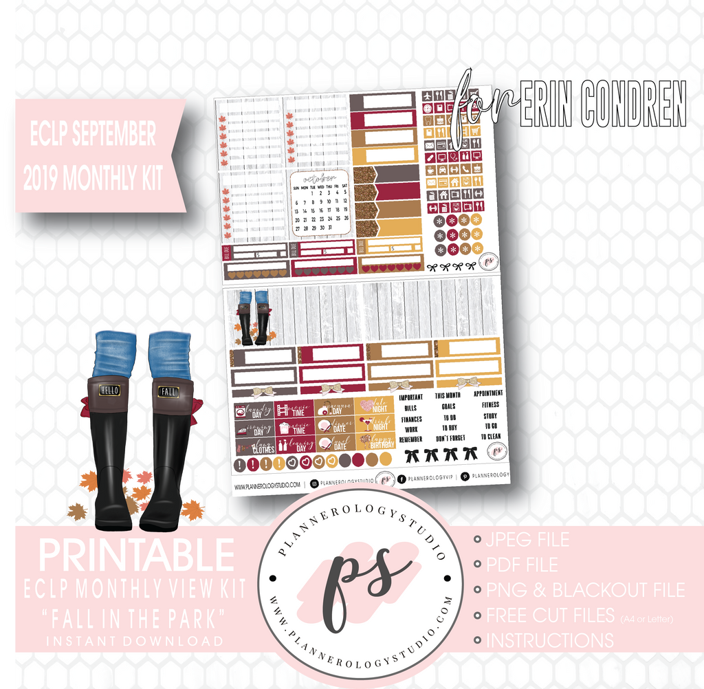 Fall in the Park September 2019 Monthly View Kit Digital Printable Planner Stickers (for use with Erin Condren) - Plannerologystudio