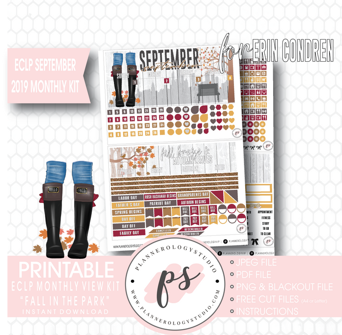 Fall in the Park September 2019 Monthly View Kit Digital Printable Planner Stickers (for use with Erin Condren) - Plannerologystudio