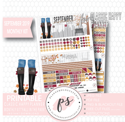 Fall in the Park September 2019 Monthly View Kit Digital Printable Planner Stickers (for use with Classic Happy Planner) - Plannerologystudio