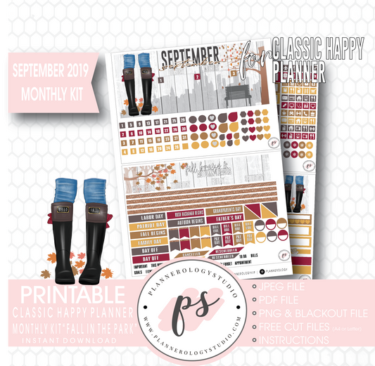 Fall in the Park September 2019 Monthly View Kit Digital Printable Planner Stickers (for use with Classic Happy Planner) - Plannerologystudio