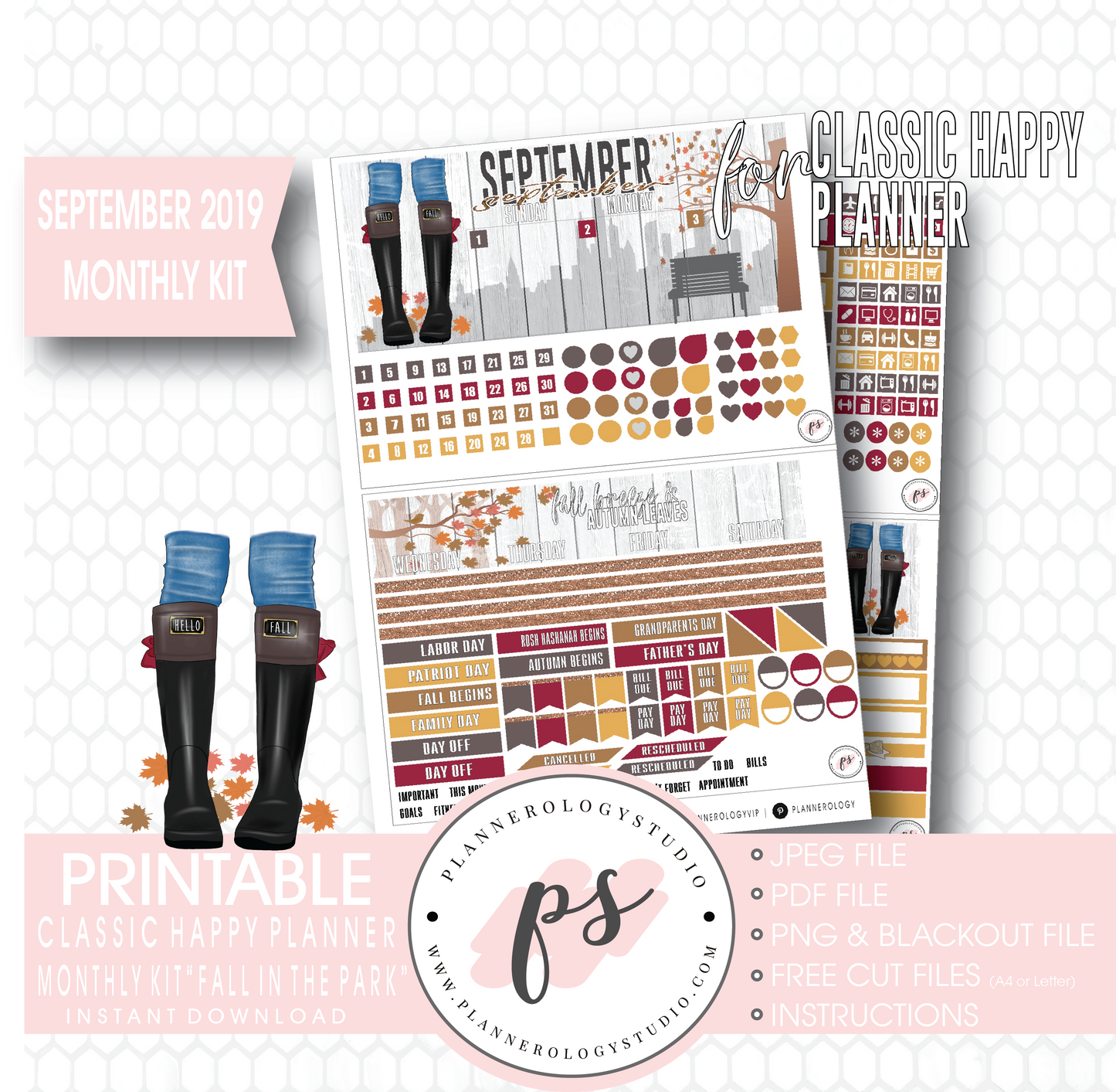Fall in the Park September 2019 Monthly View Kit Digital Printable Planner Stickers (for use with Classic Happy Planner) - Plannerologystudio