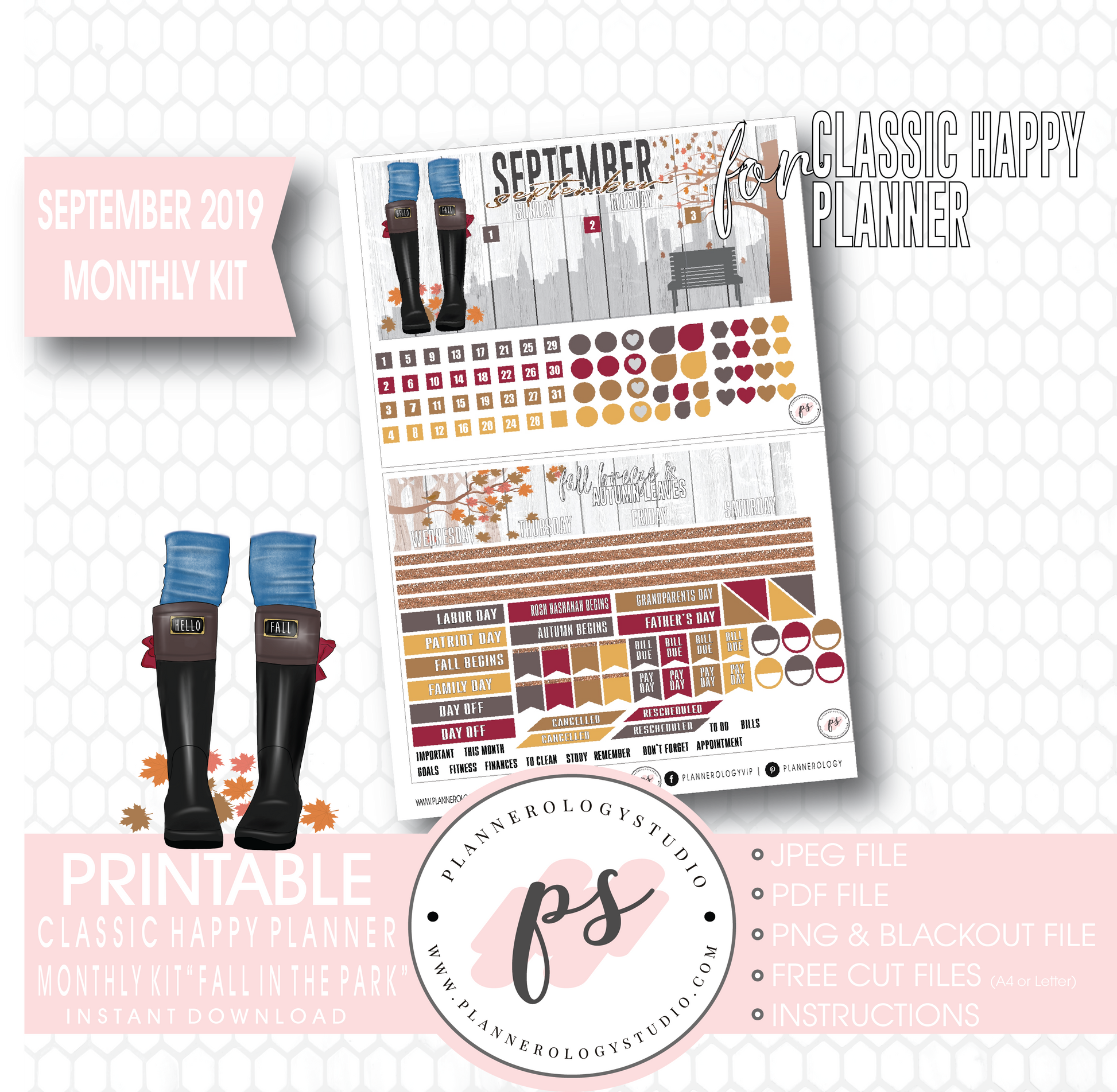 Fall in the Park September 2019 Monthly View Kit Digital Printable Planner Stickers (for use with Classic Happy Planner) - Plannerologystudio