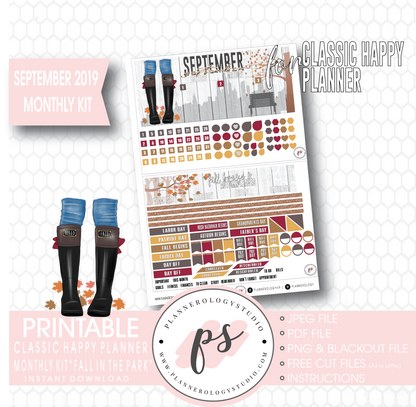 Fall in the Park September 2019 Monthly View Kit Digital Printable Planner Stickers (for use with Classic Happy Planner) - Plannerologystudio