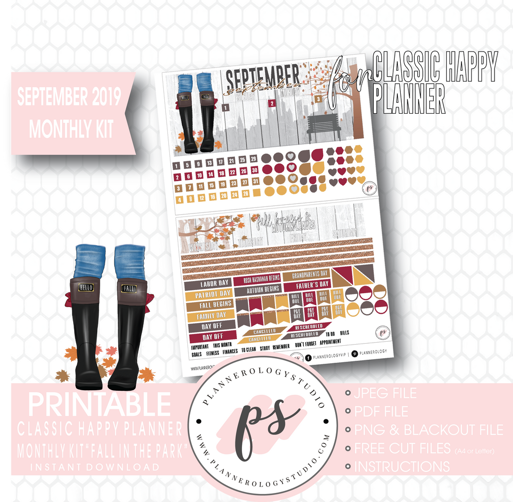 Fall in the Park September 2019 Monthly View Kit Digital Printable Planner Stickers (for use with Classic Happy Planner) - Plannerologystudio