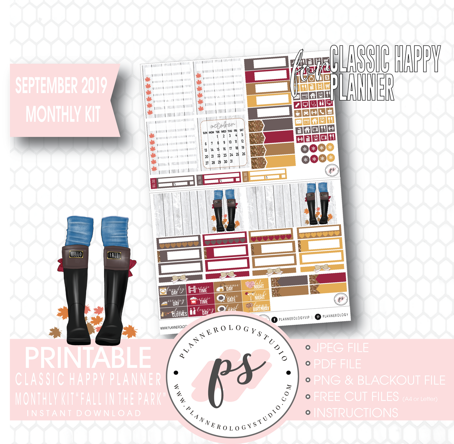 Fall in the Park September 2019 Monthly View Kit Digital Printable Planner Stickers (for use with Classic Happy Planner) - Plannerologystudio