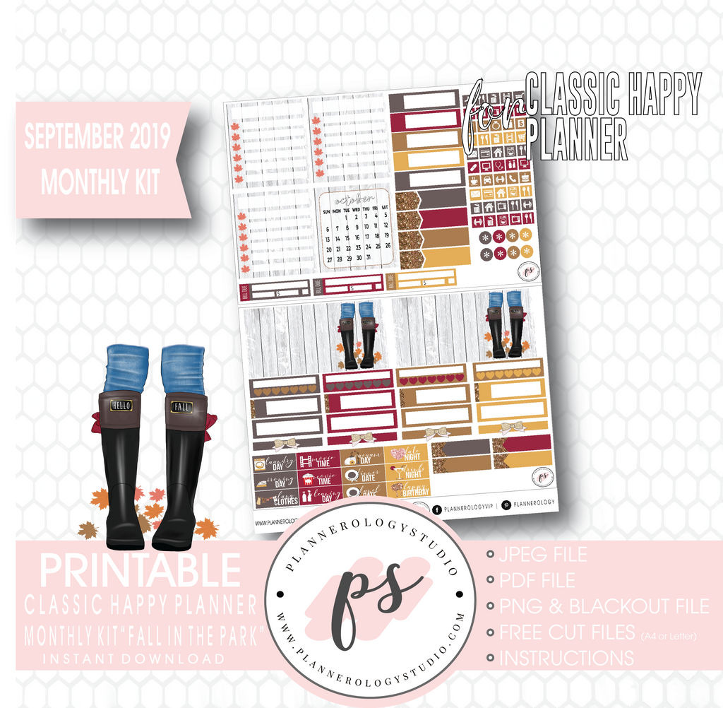 Fall in the Park September 2019 Monthly View Kit Digital Printable Planner Stickers (for use with Classic Happy Planner) - Plannerologystudio