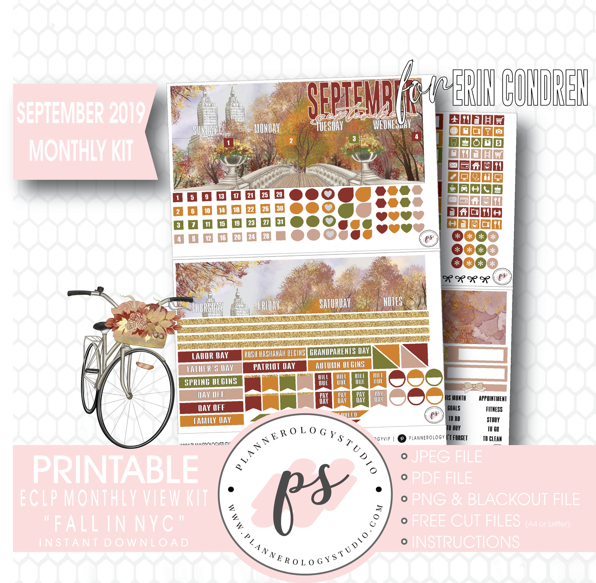 Fall in NYC September 2019 Monthly View Kit Digital Printable Planner Stickers (for use with Erin Condren) - Plannerologystudio