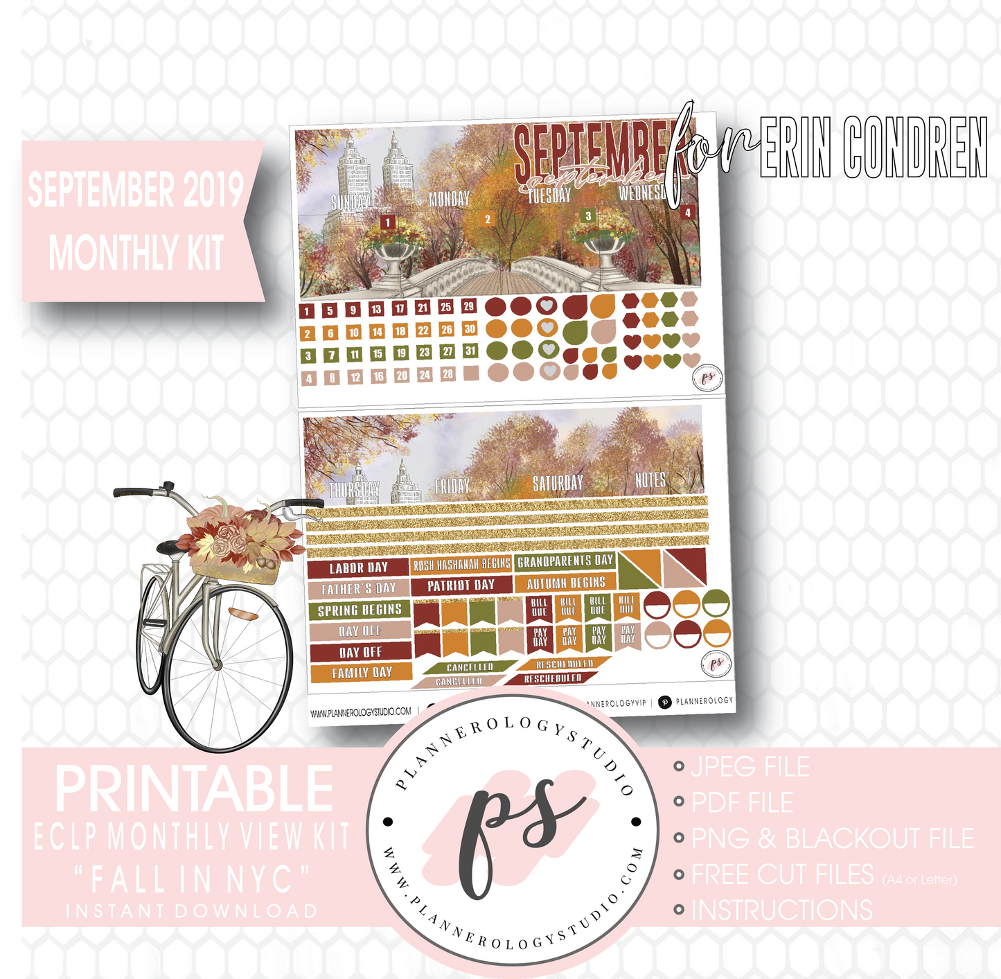 Fall in NYC September 2019 Monthly View Kit Digital Printable Planner Stickers (for use with Erin Condren) - Plannerologystudio