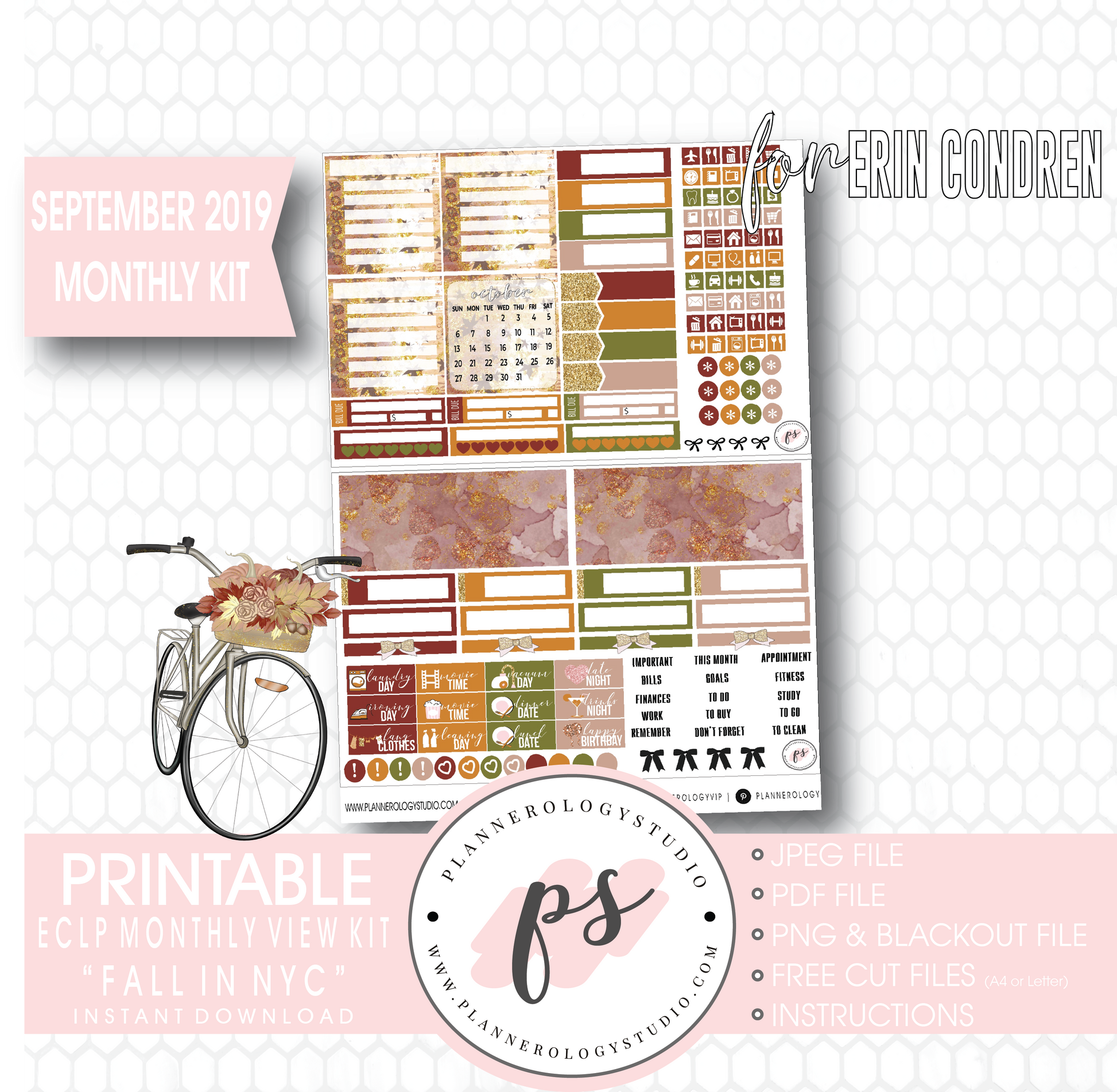 Fall in NYC September 2019 Monthly View Kit Digital Printable Planner Stickers (for use with Erin Condren) - Plannerologystudio