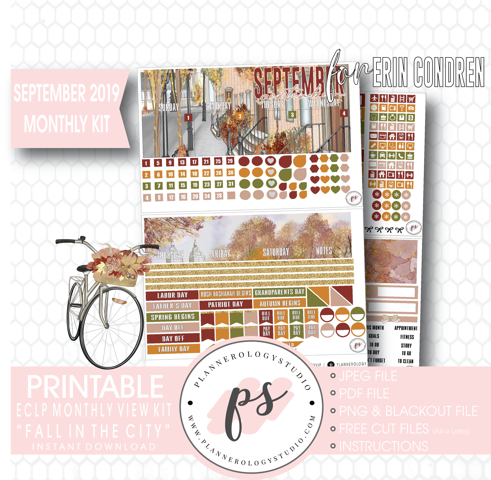 Fall in the City September 2019 Monthly View Kit Digital Printable Planner Stickers (for use with Erin Condren) - Plannerologystudio