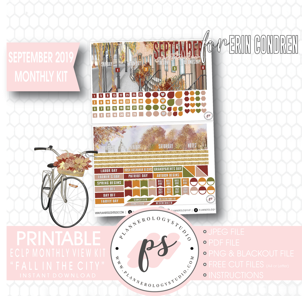 Fall in the City September 2019 Monthly View Kit Digital Printable Planner Stickers (for use with Erin Condren) - Plannerologystudio